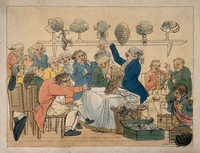 In a crowded salon, a wigmaker fits wigs according to occupation; representing the character stereotyping of Gall's phrenology