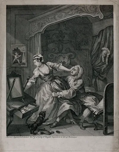 In a lady's bedchamber a young woman struggles as a man pulls her towards him clutching at her dress