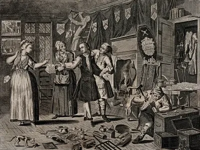 In a room hung with black drapes to show mourning, Ramble Gripe, in the company of a pregnant woman holding out a ring, and her mother with a letter, is measured by a tailor; a coffin lid leans against the fireplace