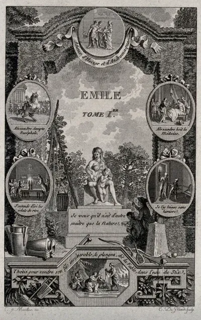 In a rural garden, two boys draw the figure of Nature represented as a woman with six breasts feeding two infants; around, examples of nature and education