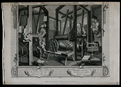 In a Spitalfields silk weaver's shop two contrasting apprentices, Tom Idle, asleep, and Francis Goodchild, engrossed in his work, sit at their looms overseen by their master