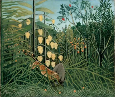 In a Tropical Forest. Struggle between Tiger and Bull