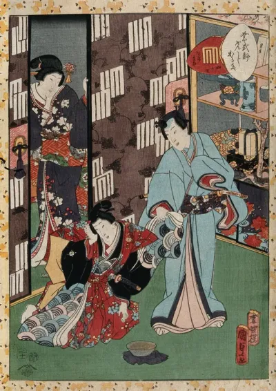 In an elegantly furnished room, a courtly young man pulls on a boy page's sleeve; a woman looks on from the next room