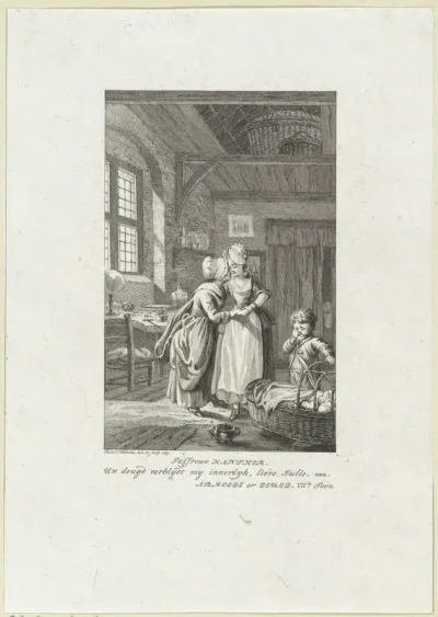 In een bescheiden interieur fluistert een vrouw een andere vrouw iets in het oor
