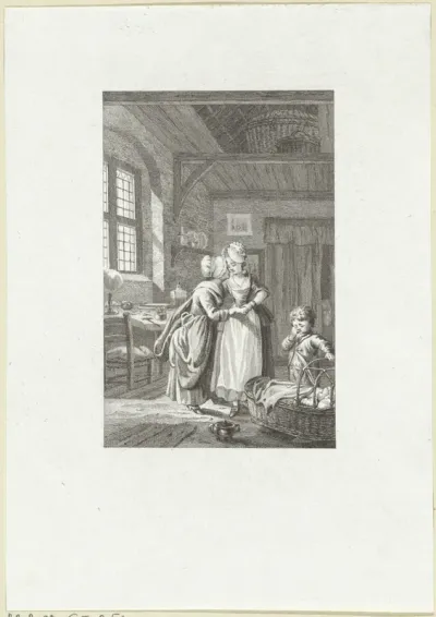 In een bescheiden interieur fluistert een vrouw een andere vrouw iets in het oor