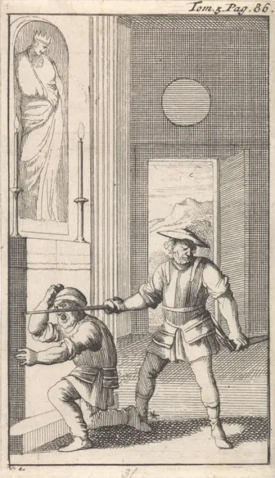 In een kerk knielt Sancho voor een heiligenbeeld en wordt door zijn meester tot ridder geslagen