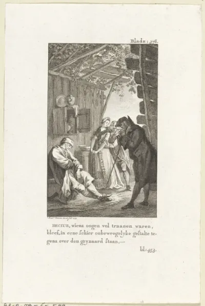 In een schuur staat een man tegenover een slapende grijsaard