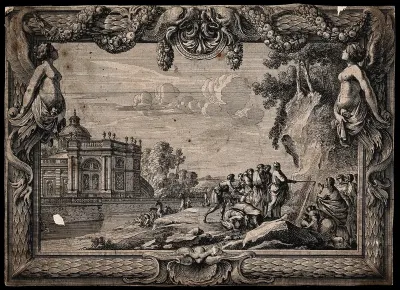 In front of a grand palace, Moses draws water from a rock