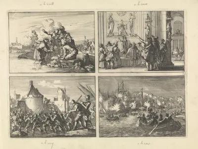 In het belegerde Bergen op Zoom werd een Spaanse soldatenvrouw door een kanonskogel gedood, haar kind werd echter levend geboren, 1622 / Geschilderd venster, na de verovering van Den Bosch in de kerk aldaar gevonden, voorstellende bisschop Gisbertus 