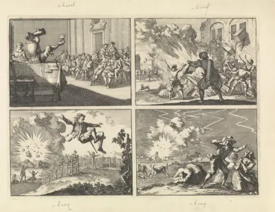 In Inglostadt houdt een man zonder armen met zijn tenen een bierkan en een glas vast, 1628 / Tolhuis te Lyon wordt geplunderd naar aanleiding van verhoogde accijnzen, 1625 /  Springen van een mijn tijdens het beleg van Ober-Ehenheim (Obernai), 1636 /
