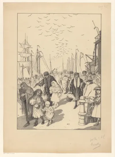 In lompen geklede figuren op een kade