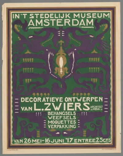 In 't Stedelijk Museum Amsterdam decoratieve ontwerpen van L. Zwiers architect MBVA. Behangsels - weefsels - moquettes - verpakking van 26 Mei - 16 Juni '17.