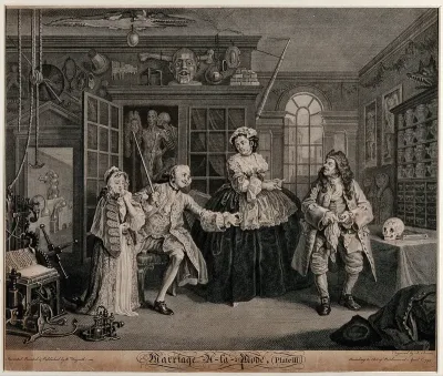 In the cabinet of the quack doctor, the viscount Squanderfield holds out a small pill-box as a girl dabs her face with a handkerchief