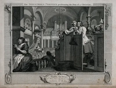In the company of his master's daughter Francis Goodchild sings attentively from a hymn book during a church service