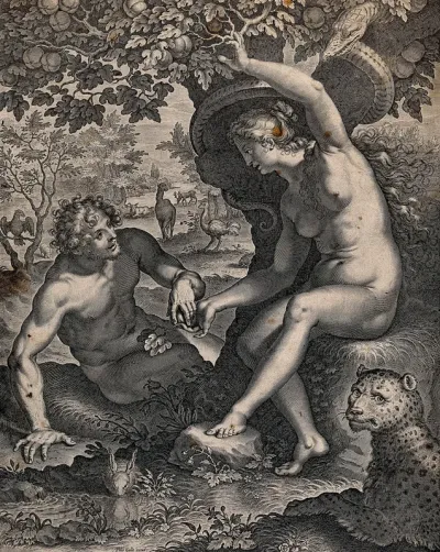 In the Garden of Eden, Eve offers Adam the apple