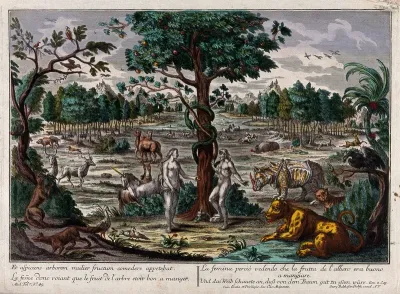In the Garden of Eden, while the serpent curls around the tree of knowledge, Eve is about to taste the apple