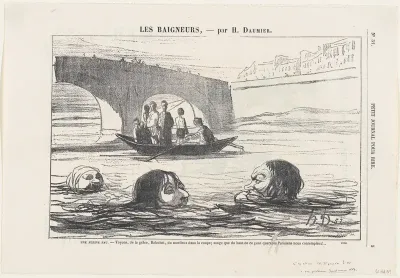 In the middle of the river: Come on, Balochet, give it a push!... You mustn't forget that some forty Parisians are watching us from the bridge up there!, from 'The bathers,' published in Le Petit Journal pour Rire, July 30, 1864