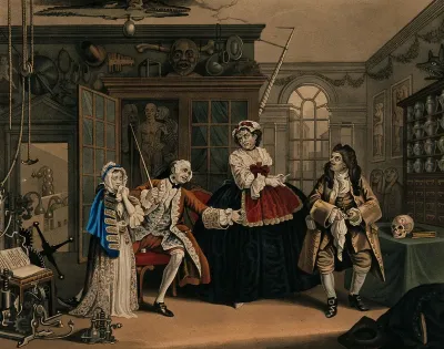 In the museum of the quack doctor, the viscount Squanderfield holds out a small pill-box as a girl dabs her face with a handkerchief