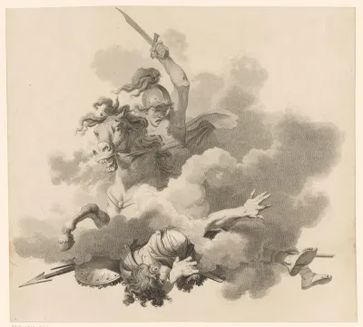 In wolken slaat een gewapende ruiter een strijder neer