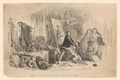 In zijn atelier houdt Henry Gowan zijn hond in bedwang, die zojuist de crimineel Rigaud heeft herkend