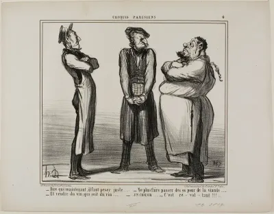 “- Incredible... but we now have to give the exact weight! - and we can no longer sell bones for meat - and wine really has to be wine! - all together now: It's DISGUSTING!,” plate 4 from Croquis Parisiens