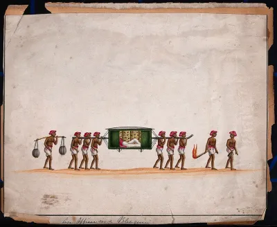 Indian men carrying a European officer in a palanquin