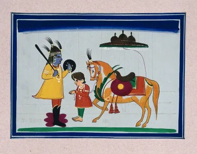 Indian mythological story with a guard (?) halting a young prince(?) who is leading a horse
