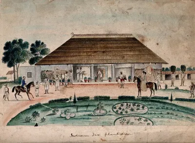Indian tea plantation, an European lady and gentleman on horseback approach the main house, where a number of people await their arrival