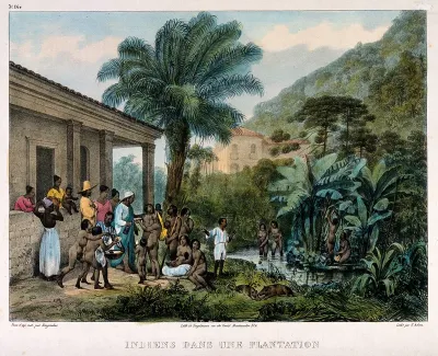 Indians on a coffee plantation washing in a lake and gathering together on the bank