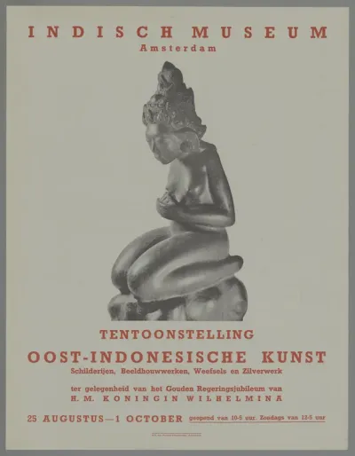 Indische museum Amsterdam. tentoonstelling Oost-Indische kunst schilderijen, beeldhouwwerken, weefsels en zilverwerk. ter gelegenheid van het gouden regeringsjubileum van H.M. Koningin Wilhelmina 25 augustus - 1 oktober.