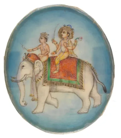 Indra, the god of thunder and lightning, riding on a white elephant