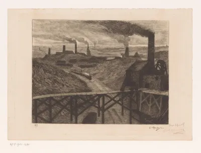 Industrieel landschap met viaduct en een passerende trein