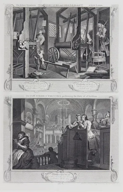 Industry and Idleness: plate 1. The Fellow 'Prentices at their Looms. and Insutry and Idleness: plate 2. The Industrious 'Prentice performing the Duty of a Chairman.