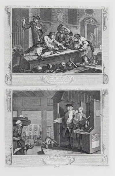 Industry and Idleness: Plate 3. The Idle 'Prentice at Play in the Church Yard during Divine Service. and Industry and Idleness: Plate 4. The Industrious Prentice A Favourite, and entrusted by his Master.