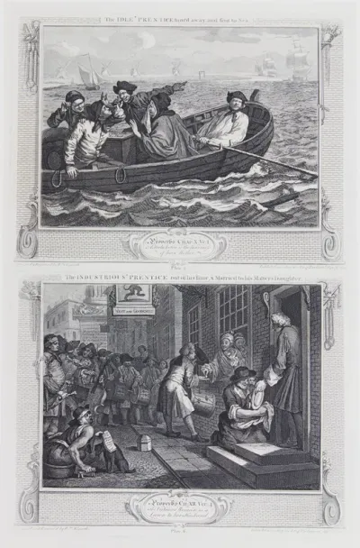 Industry and Idleness: Plate 5. The Idle 'Prentice trun'd away and sent to Sea. and Industry and Idleness: Plate 6. The Industrious 'Prentice out of his Time, Married to the Master's daughter.