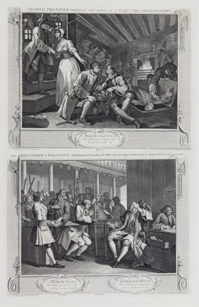 Industry and Idleness: plate 9. The Idle 'Prentice betray'd by his Whore, & taken in a Night Cellar with his Accomplice. and Industry and Idleness: plate 10.