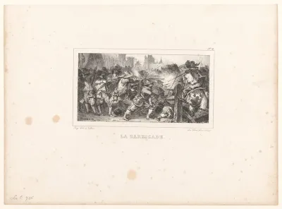 Infanteristen verdedigen een barricade met musketten