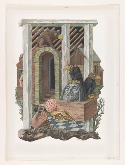 Ingang van een huis met vogels en een hand