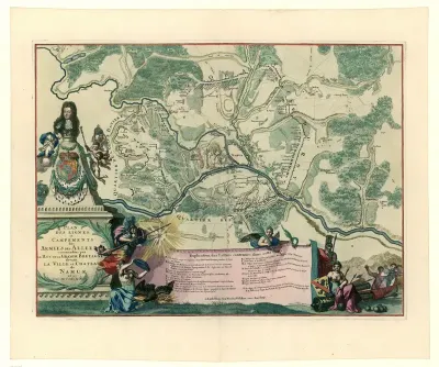 Ingekleurde kaart met de posities van de geallieerden onder Willem III bij het beleg van Namen, 1695
