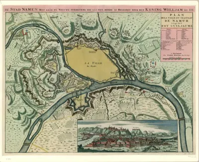 Ingekleurde kaart van de versterkingen van Namen bij het beleg in 1695