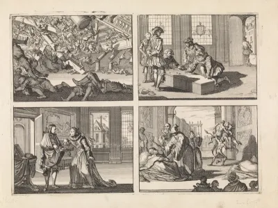 Ingestorte galerij tijdens een katholieke godsdienstoefening in het huis van de Spaanse gezant te Londen, 1623 / Lakeien dobbelen op de lijkkist van de hertog van Luynes, 1621 / Vermomd als juwelier brengt Gustaaf II Adolf zijn eerste bezoek aan zijn