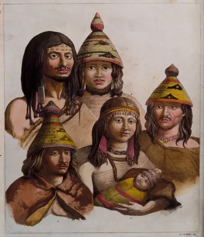 Inhabitants of Nootka Sound, Canada: four men and a woman holding a baby