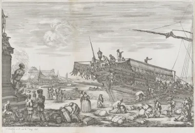 Inladen van galeischip in de haven van Livorno