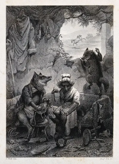 Inside the fox's abode, the old fox is stuffing a hare's head into a bag while the female fox is entertaining the young