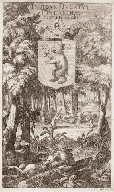 Insigne Ducatus Finlandiae Septentrionalis (Coat of arms of the Duchy of Northern Finland), after Johan van den Aveelen
