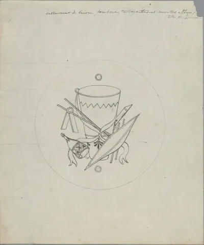 Instrument de cuivre, tambour, castagnettes et serinettes Nègres (Côte de Guinee)