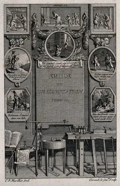 Instruments of education (woodwork etc.); and eight episodes related to Rousseau's Emile in vignettes on the wall