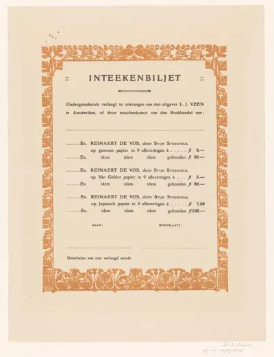Intekenbiljet voor Reinaert de Vos