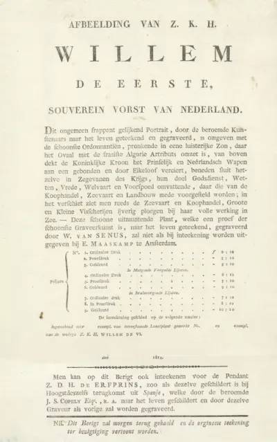 Intekenlijst behorende biij het portret van Willem I Frederik (koning der Nederlanden)