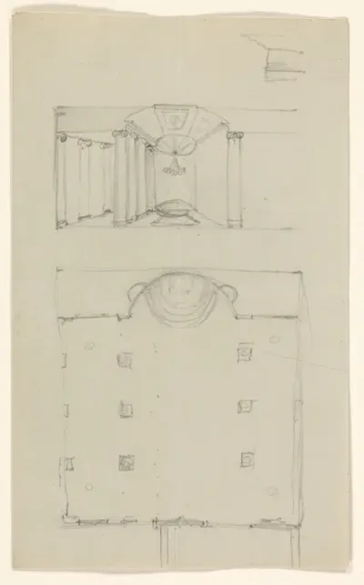 Interieur en plattegrond van een gebouw, mogelijk een kerk of tempel